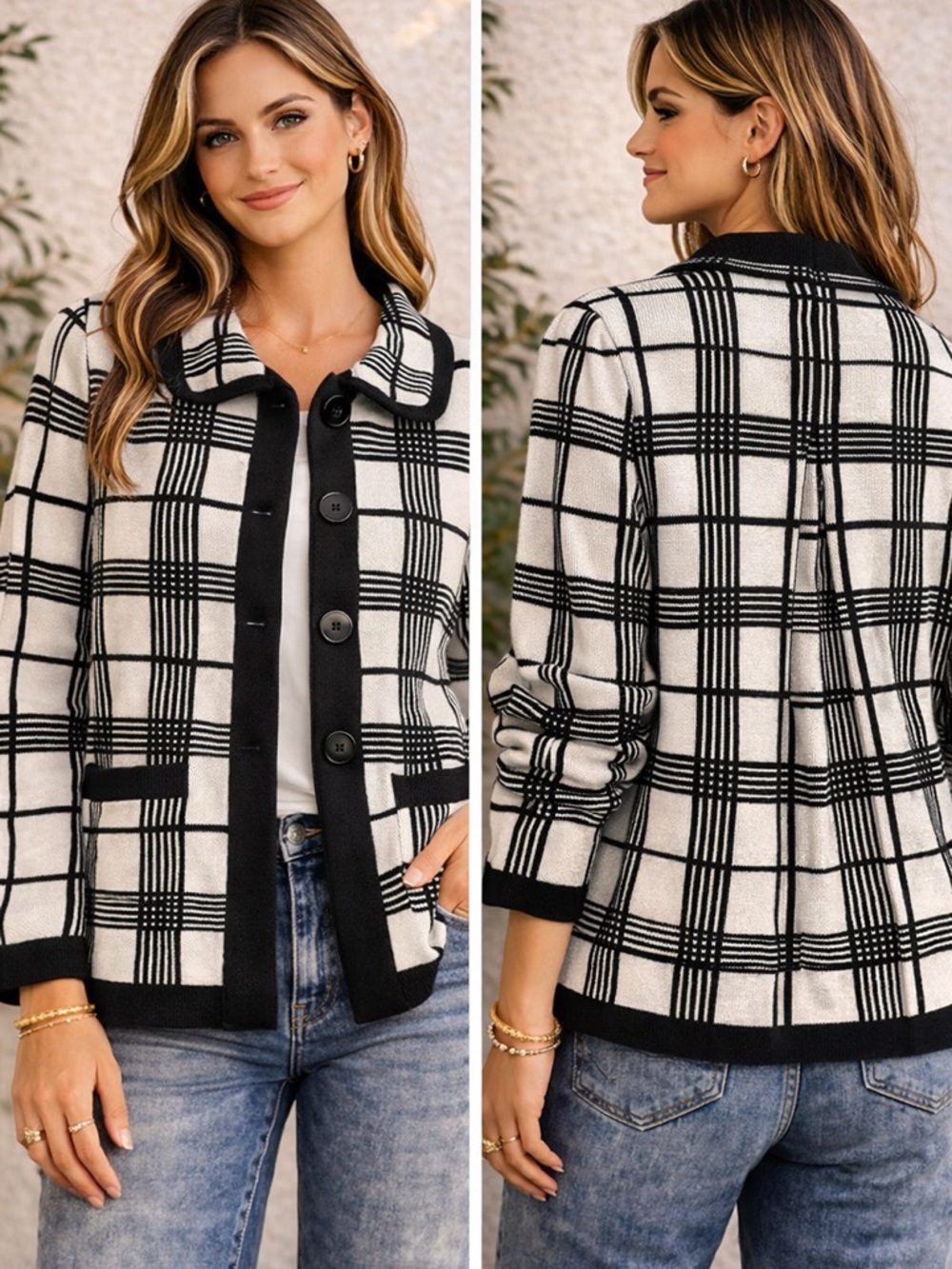 Designers Originals Cardigan Jacket Womens Large Black White Plaid Preppy Office